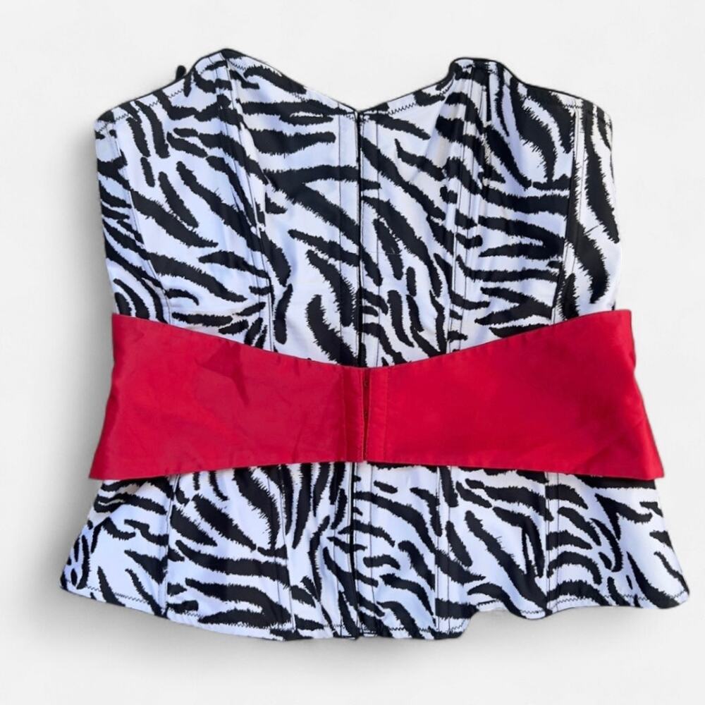 Fredericks of Hollywood Vintage Zebra Print Corset Top with Red Belted Detail